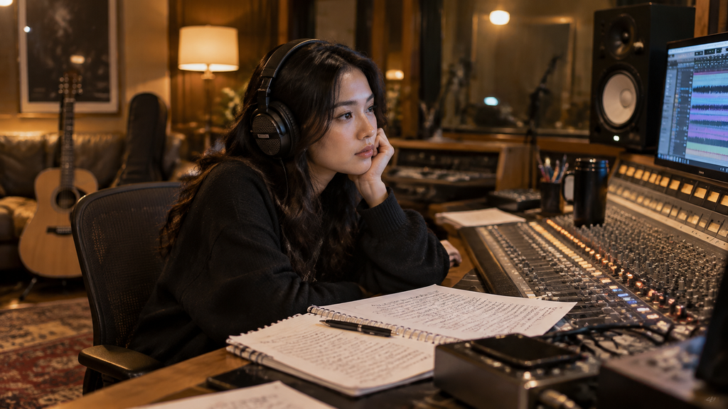 Bernadya mendengarkan hasil rekaman di balik konsol audio studio bersama produser musik.