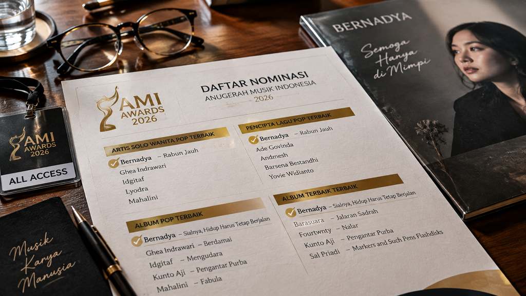 Berkas lembaran pengumuman nominasi kategori Album Terbaik dan Pencipta Lagu Pop AMI Awards 2026.