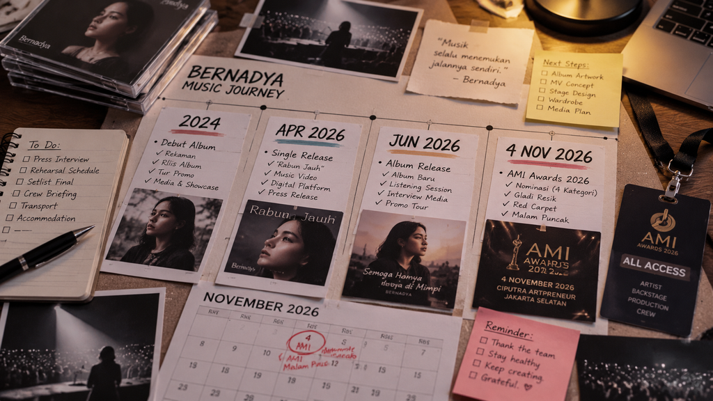 Kalender jadwal rilis album dan showcase musik Bernadya tersusun rapi di meja kerja manajemen musik.