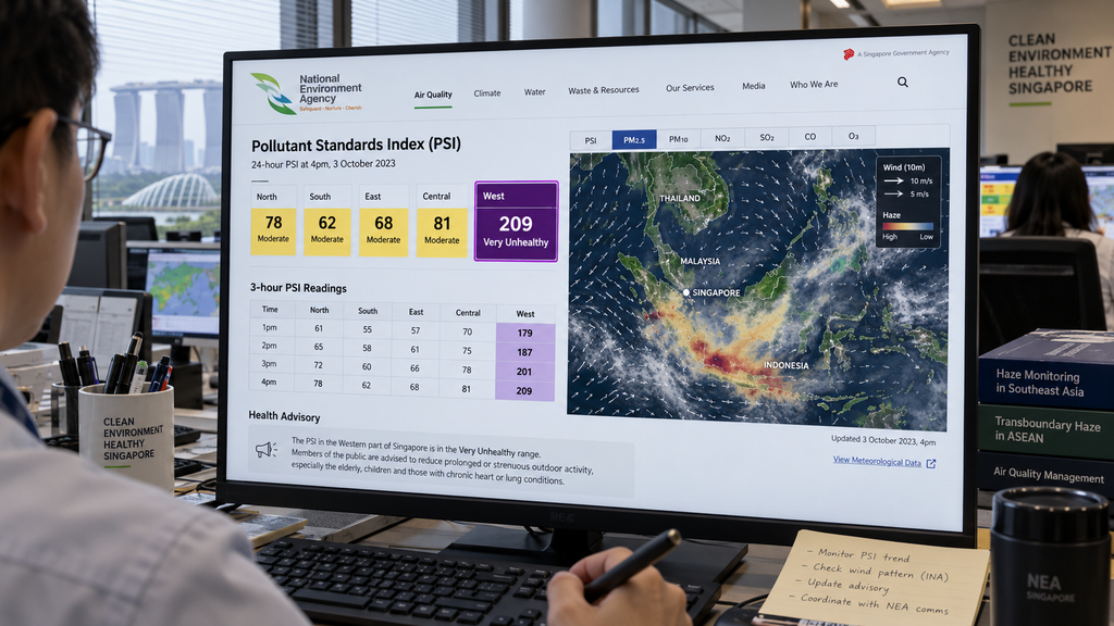 Layar monitor resmi Badan Lingkungan Nasional (NEA) Singapura menunjukkan tingkat PSI 209 kategori sangat tidak sehat akibat kabut asap.