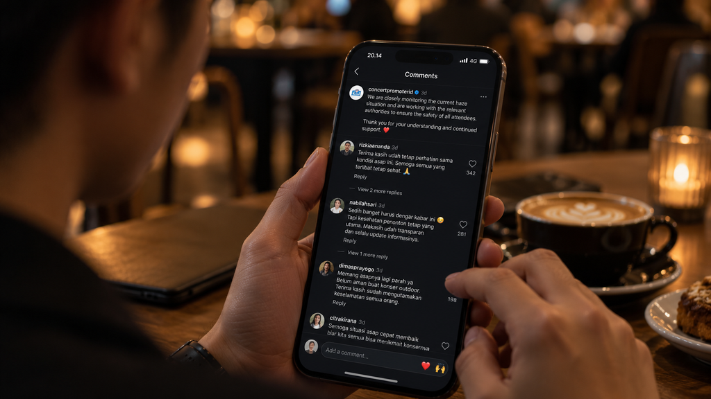 Tampilan layar ponsel cerdas yang menampilkan kolom komentar media sosial berisi permintaan maaf netizen Indonesia terkait kabut asap.