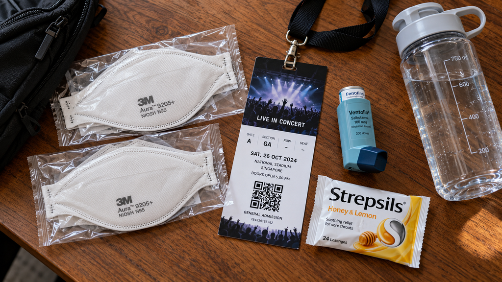 Kumpulan perlengkapan aman menonton konser berupa masker N95, botol air plastik transparan, tiket, dan obat pribadi di atas meja.