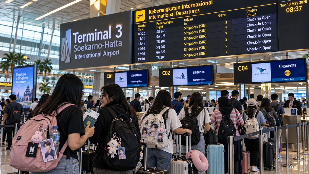 Antrean penumpang di Terminal 3 Bandara Soekarno-Hatta yang hendak terbang menuju Singapura untuk menonton konser musik.